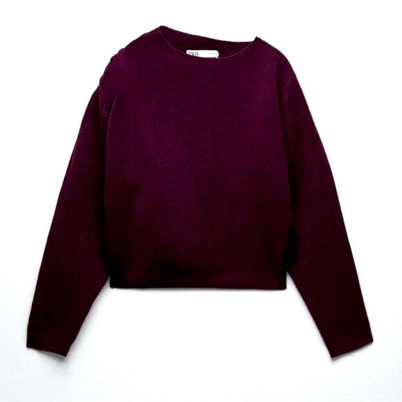 NWT ZARA Knit Sweater with Asymmetric Neck Burgundy Wine Size M - Picture 6 of 10